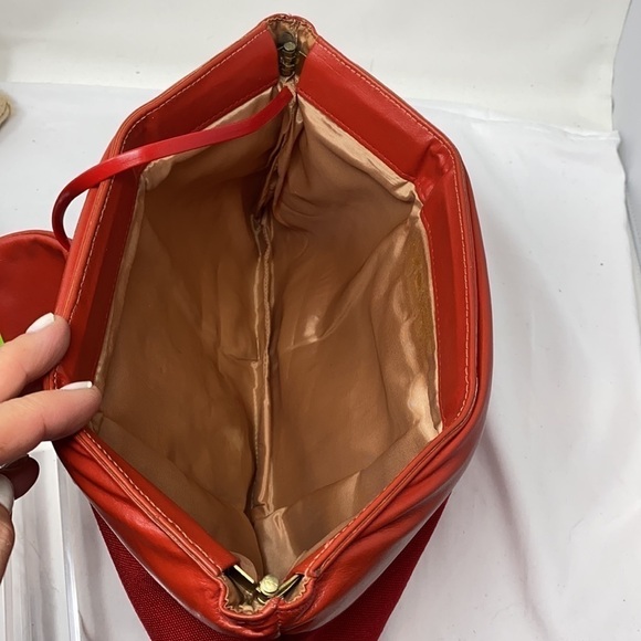 Large Red Vintage Clutch Linen Leather Bag Purse - Picture 3 of 10